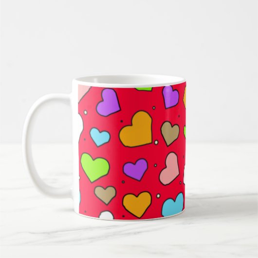 Colorful Hearts Seamless Pattern on Red Background コーヒーマグカップ (左)