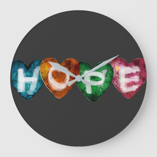 Colorful HOPE Hearts – Inspirational Love Typograp ラージ壁時計 (正面)