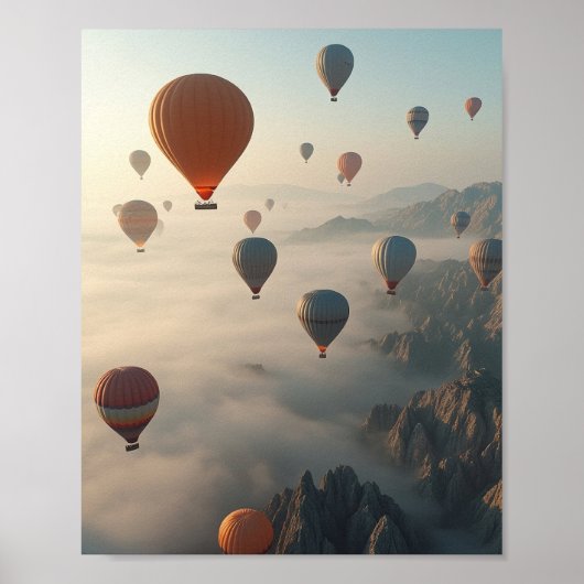 Colorful Hot Air Balloons Misty Mountain Sunrise ポスター (正面)