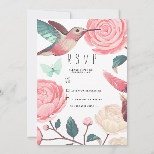 Colorful Hummingbird Floral Spring RSVP 招待状 (正面)