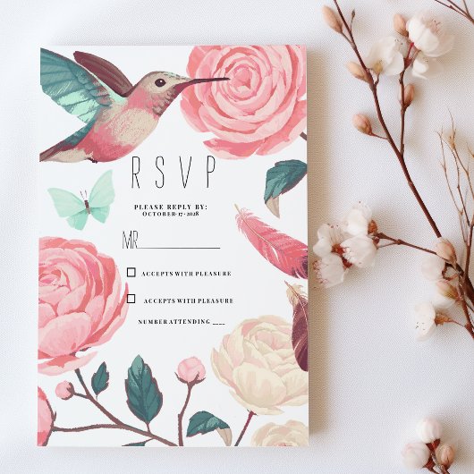 Colorful Hummingbird Floral Spring RSVP 招待状