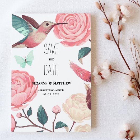 Colorful Hummingbird Floral Spring Save the Date 招待状