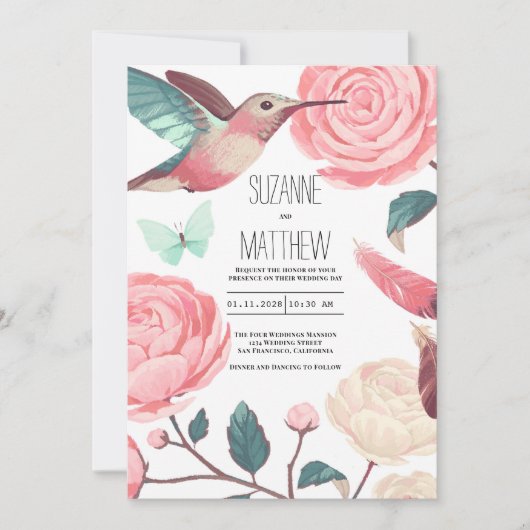 Colorful Hummingbird Floral Spring Wedding 招待状 (正面)