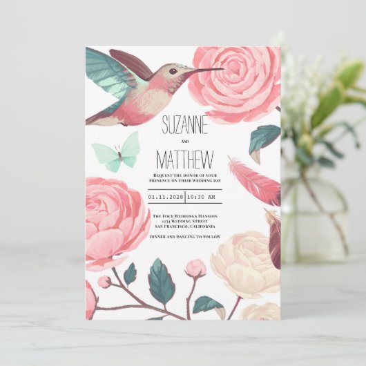 Colorful Hummingbird Floral Spring Wedding 招待状 (スタンド正面)