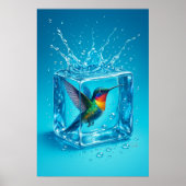 Colorful Hummingbird Inside Ice Cube Neon Blue ポスター (正面)