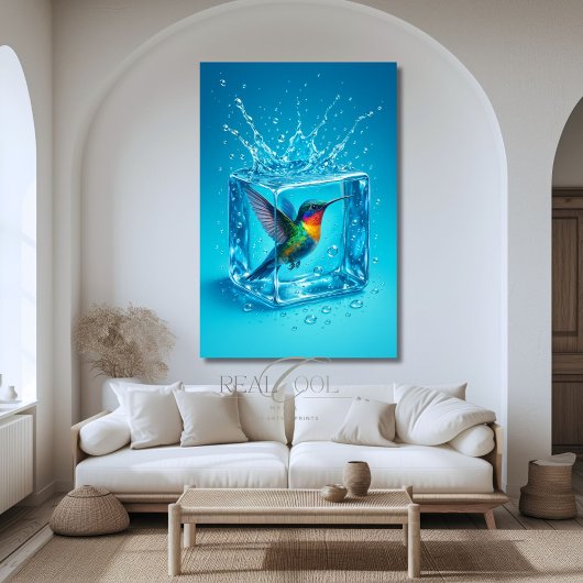 Colorful Hummingbird Inside Ice Cube Neon Blue ポスター