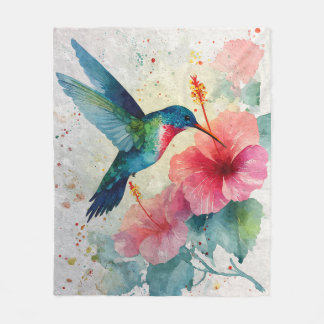 Colorful Hummingbird Pink Floral Watercolor Blanke フリースブランケット