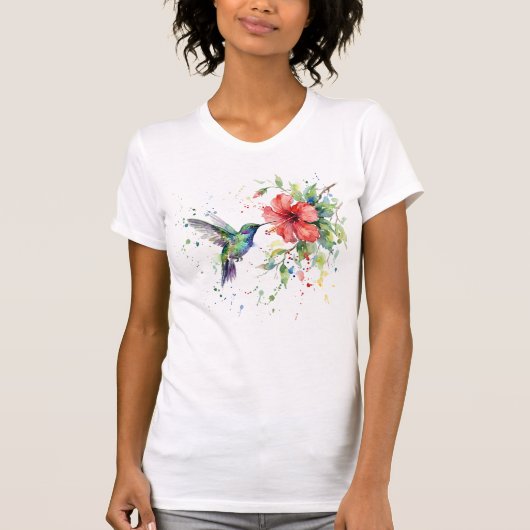 Colorful Hummingbird Watercolor Floral Nature Art Tシャツ (正面)