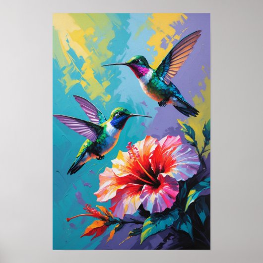 Colorful Hummingbirds with Tropical Flower Vibrant ポスター (正面)