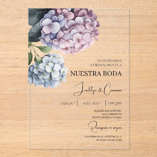Colorful Hydrangea Spanish Wedding Invitation アクリル招待状 (正面)