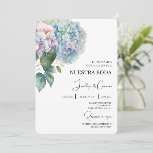 Colorful Hydrangea Spanish Wedding Invitation 招待状 (スタンド正面)