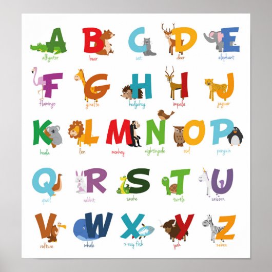 Colorful illustrated Animal Alphabet Letters ポスター (正面)