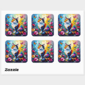 Colorful Impasto Cat, Flowers and Butterflies スクエアシール (シート)