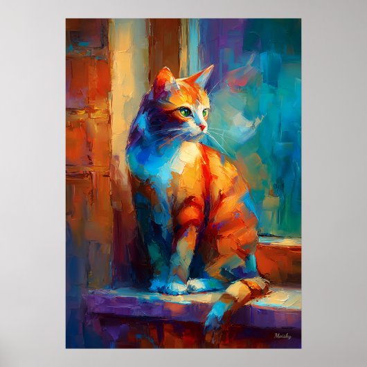 Colorful Impressionist Cat Animal Painting ポスター (正面)