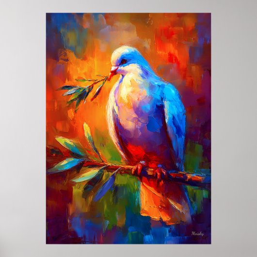 Colorful Impressionist Dove of Peace with Olive Br ポスター (正面)