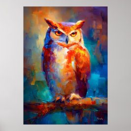 Colorful Impressionist Owl Wildlife Painting ポスター