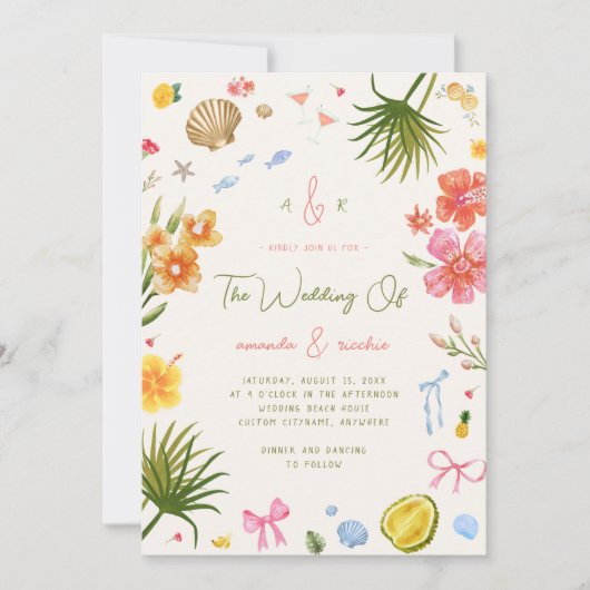 Colorful Island Whimsical Beach Tropical Wedding 招待状 (正面)