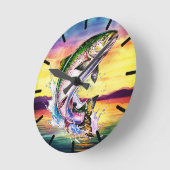 Colorful Jumping Rainbow Trout Clock ラウンド壁時計 (傾斜)