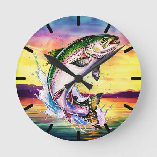 Colorful Jumping Rainbow Trout Clock ラウンド壁時計 (正面)