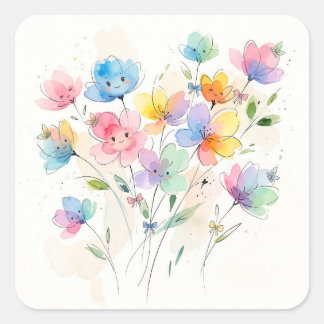 Colorful Kawaii Smiling Flowers Bunch スクエアシール