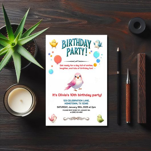 Colorful Kids Feathered Friends Birthday Party 招待状