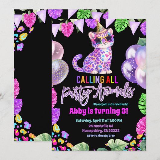 Colorful Leopard Birthday Invitation 招待状 (正面/裏面)