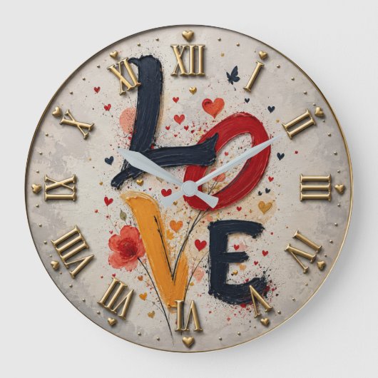 Colorful LOVE Artistic Typography ラージ壁時計 (正面)