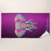 Colorful Mandala Elephant with Customized Name ビーチタオル (正面)