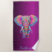 Colorful Mandala Elephant with Customized Name ビーチタオル (正面)