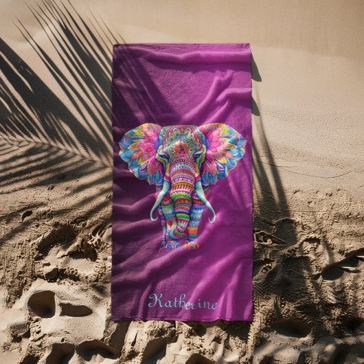 Colorful Mandala Elephant with Customized Name ビーチタオル