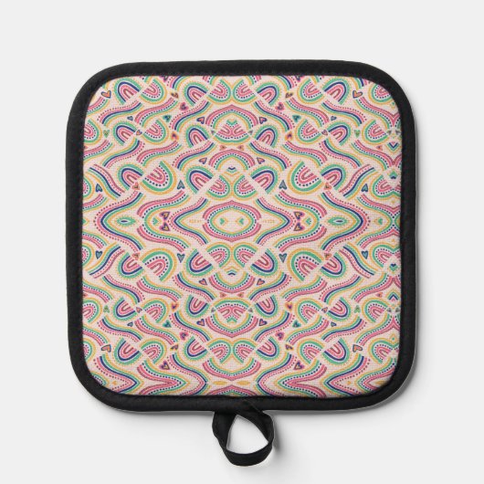 Colorful mandala-patterned pot holder with black  鍋敷き (正面)
