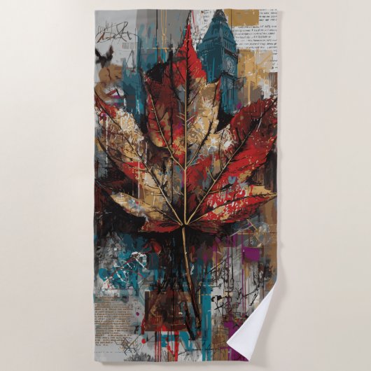 Colorful Maple Leaf City Collage Art ビーチタオル (正面)