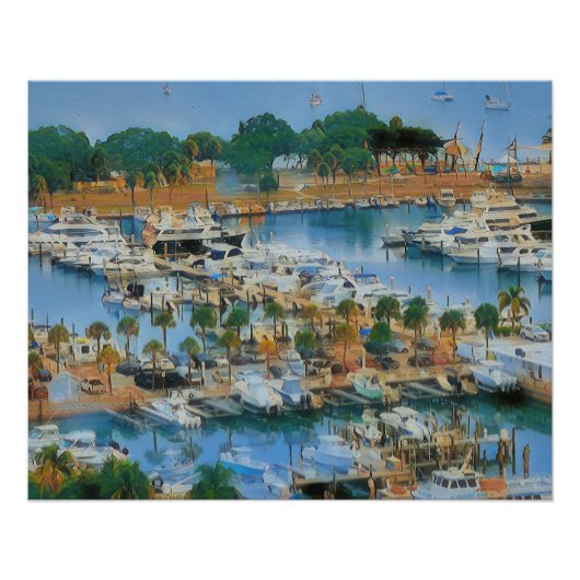 Colorful Marina Wall Art Coastal Harbor Boats ポスター (正面)