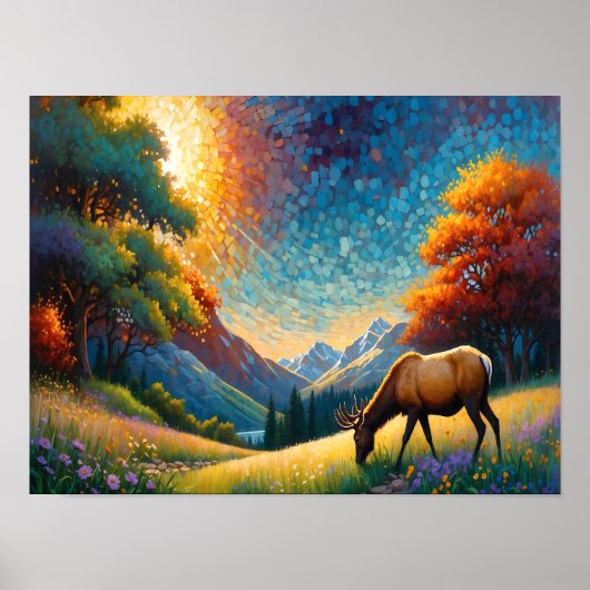 Colorful Meadow Elk with Flowers Art ポスター (正面)