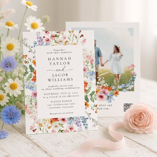 Colorful Meadow Wildflower Wedding QR Code 招待状