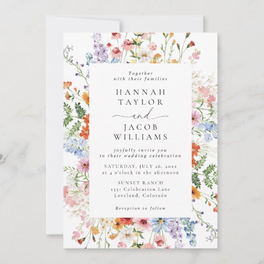 Colorful Meadow Wildflower Wedding QR Code 招待状 (正面)