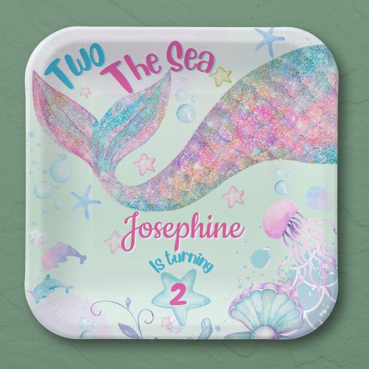 Colorful Mermaid second birthday square ペーパープレート