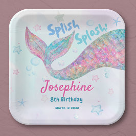 Colorful Mermaid watercolor birthday square ペーパープレート
