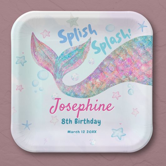 Colorful Mermaid watercolor birthday square ペーパープレート