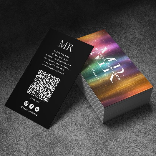 Colorful Metallic Glitter QR Code and Monogram 名刺