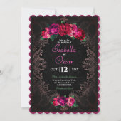 Colorful Mexican pink floral wedding black 招待状 (正面)