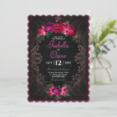 Colorful Mexican pink floral wedding black 招待状 (スタンド正面)