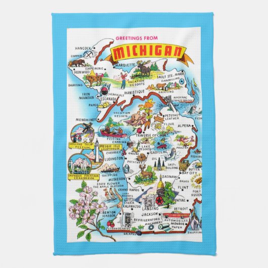 Colorful Michigan Map キッチンタオル (縦)