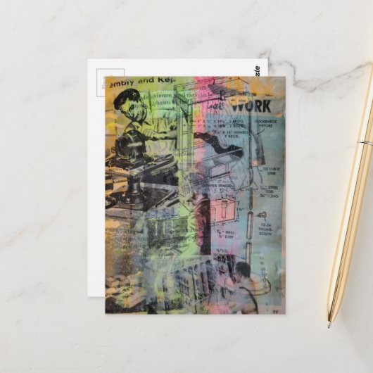 Colorful Mixed Media Retro Hobbies Woodworking Men ポストカード (正面/裏面インサイチュ)