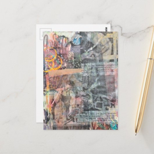 Colorful Mixed Media Retro Woodworking Collage ポストカード (正面/裏面インサイチュ)