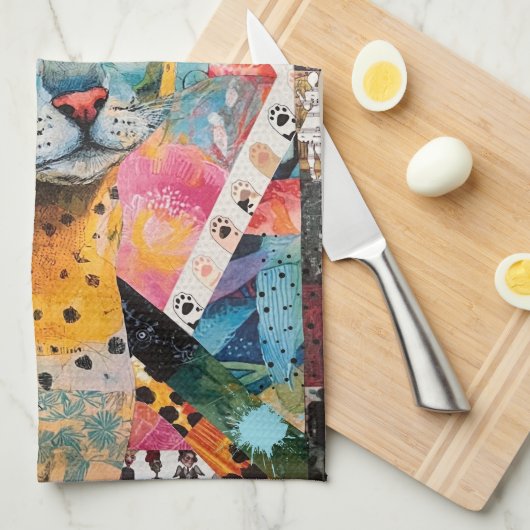 Colorful Mixed Mixed Paper Cat Collage キッチンタオル (四つ折り)