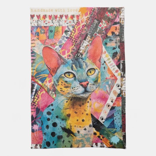 Colorful Mixed Mixed Paper Cat Collage キッチンタオル (縦)