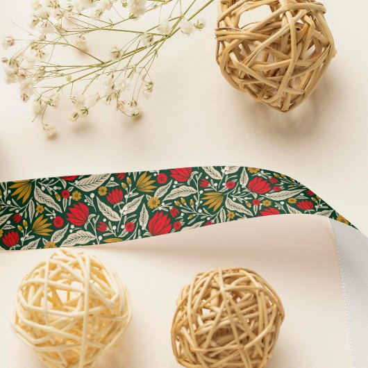 Colorful Modern Folk Art Floral Christmas Holiday サテンリボン