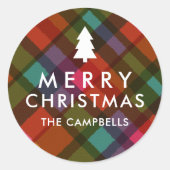 Colorful Modern Plaid Christmas Tree Name ラウンドシール (正面)