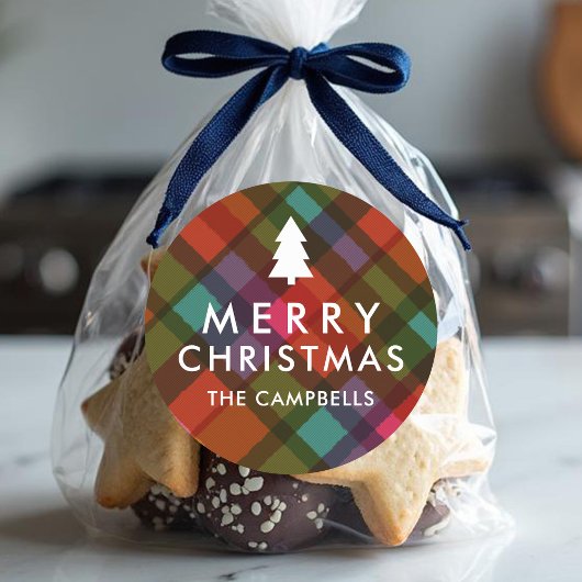 Colorful Modern Plaid Christmas Tree Name ラウンドシール